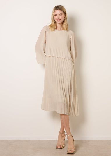 Blue Vanilla Beige Chiffon Pleated Dress