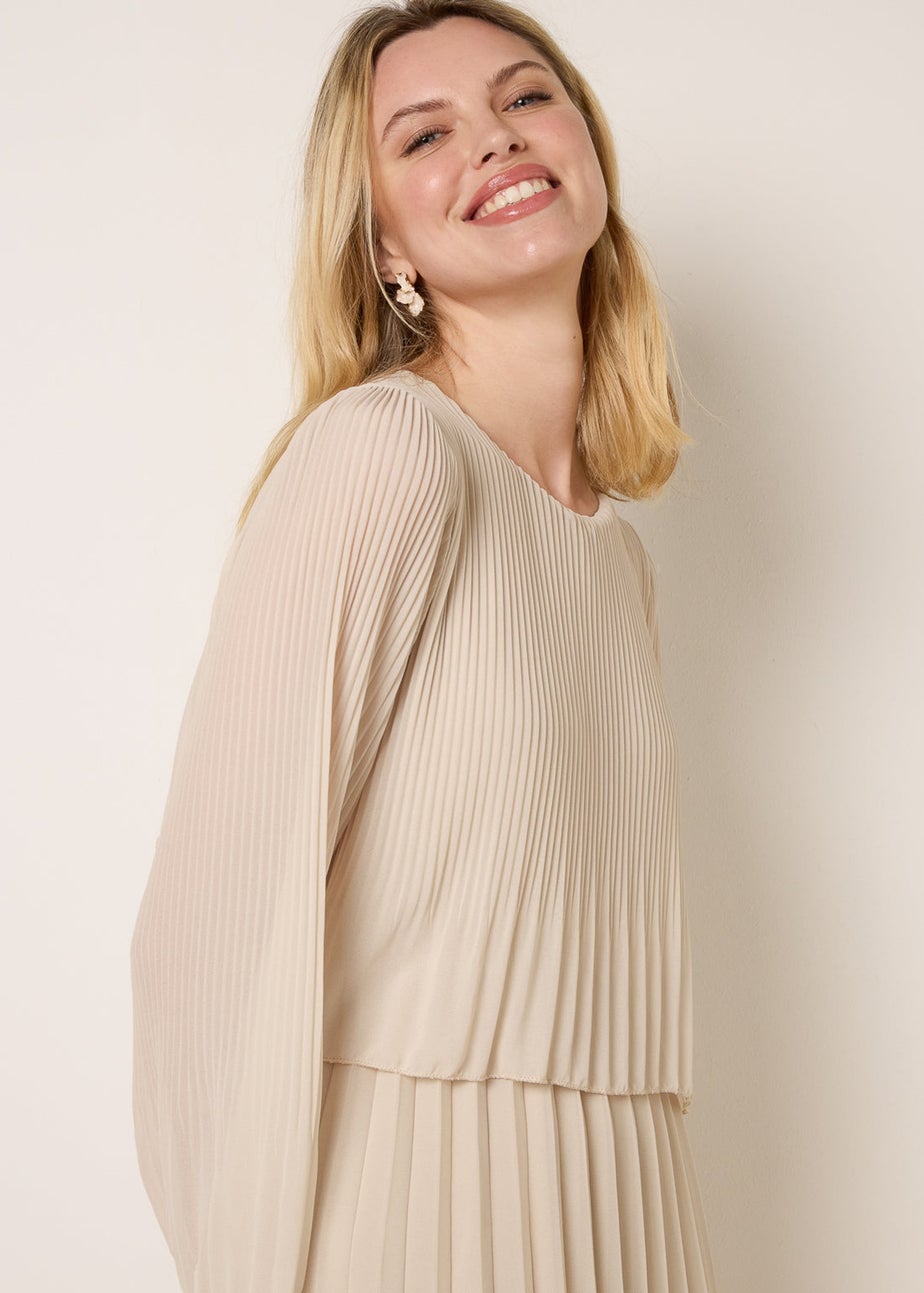 Blue Vanilla Beige Chiffon Pleated Dress