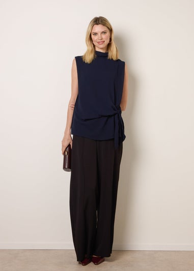 Blue Vanilla Navy Sleeveless Cowl Tie Front Chiffon Blouse