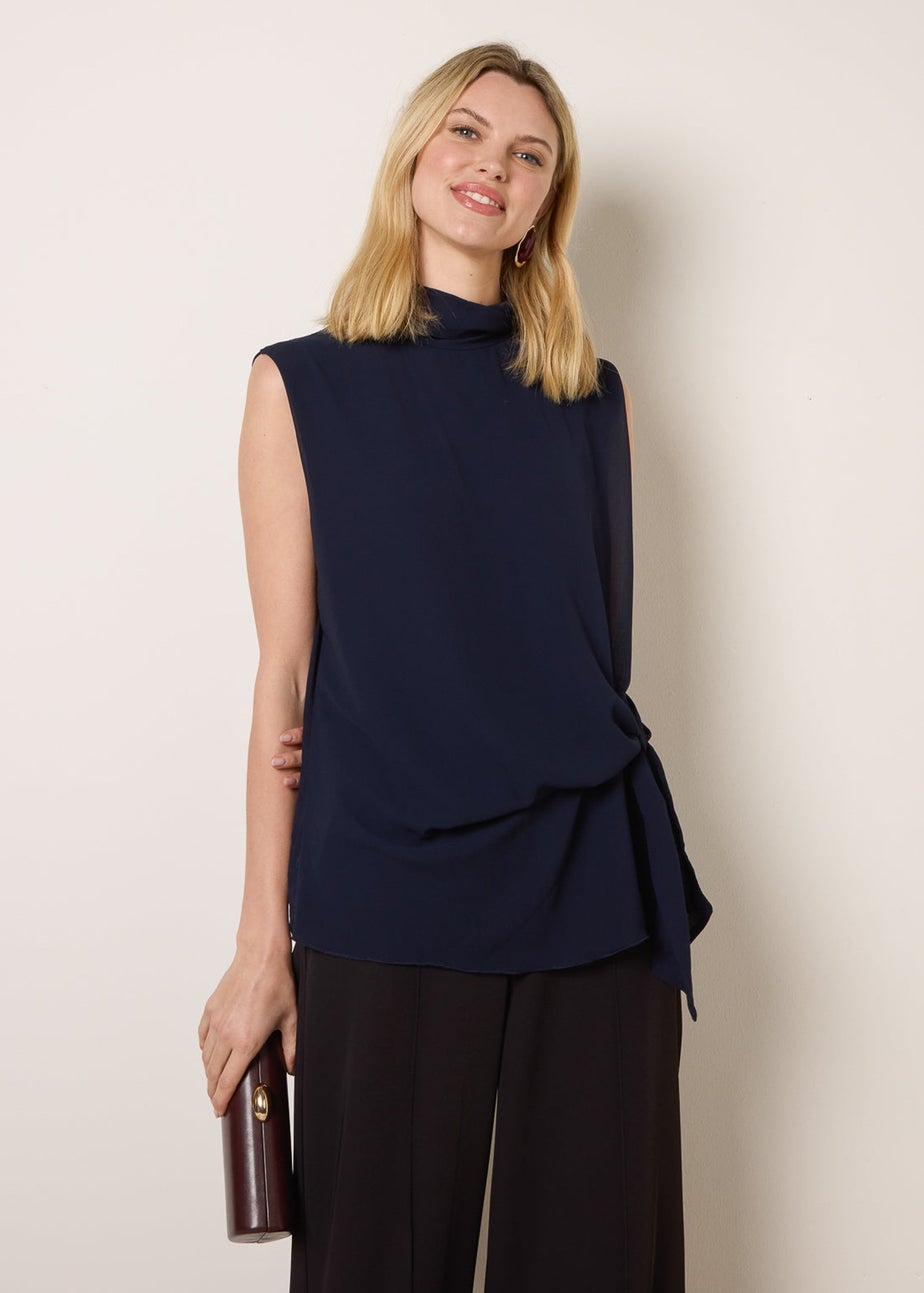 Blue Vanilla Navy Sleeveless Cowl Tie Front Chiffon Blouse