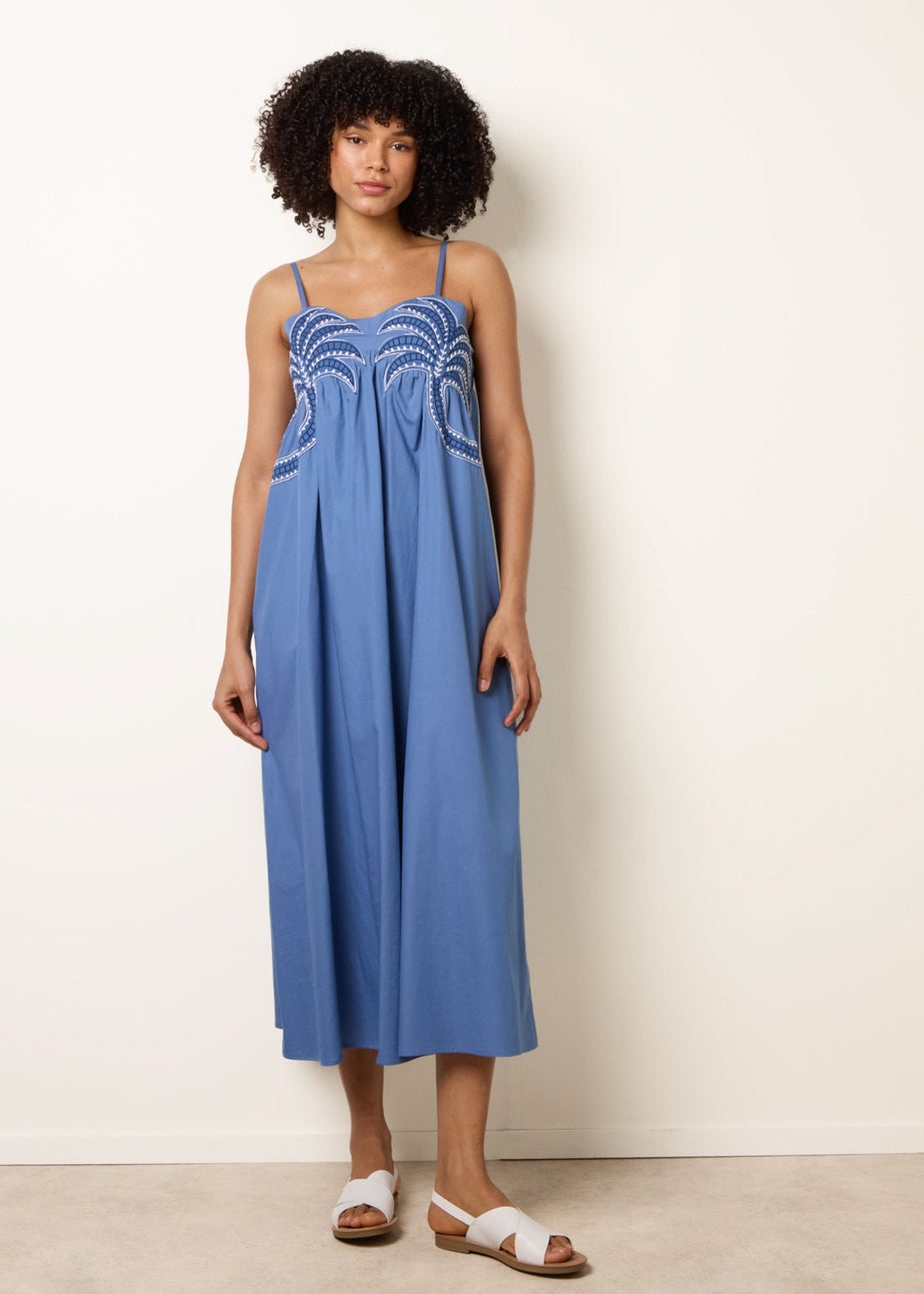 Blue Vanilla Blue Palm Tree Embroidery Smock Dress