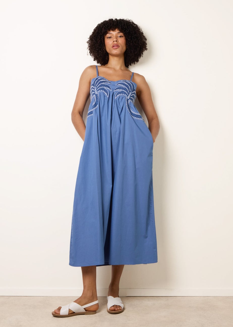 Blue Vanilla Blue Palm Tree Embroidery Smock Dress