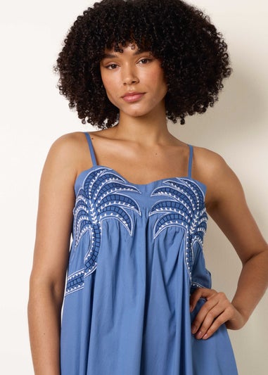 Blue Vanilla Blue Palm Tree Embroidery Smock Dress