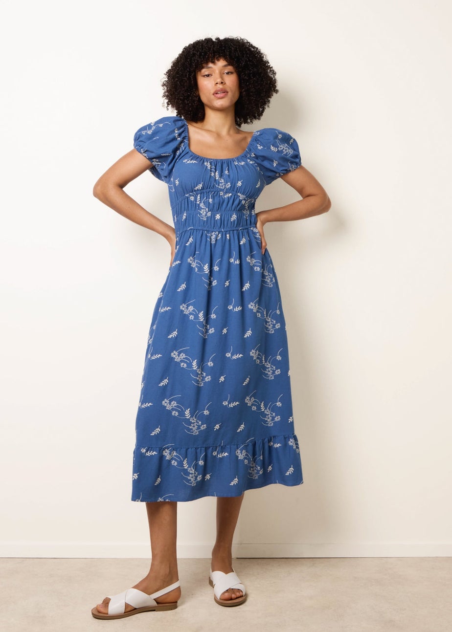 Blue Vanilla Blue Embroidery Milkmaid Midi Dress