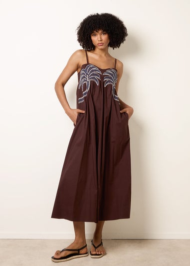 Blue Vanilla Brown Palm Tree Embroidery Smock Dress