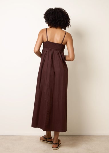 Blue Vanilla Brown Palm Tree Embroidery Smock Dress