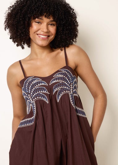 Blue Vanilla Brown Palm Tree Embroidery Smock Dress