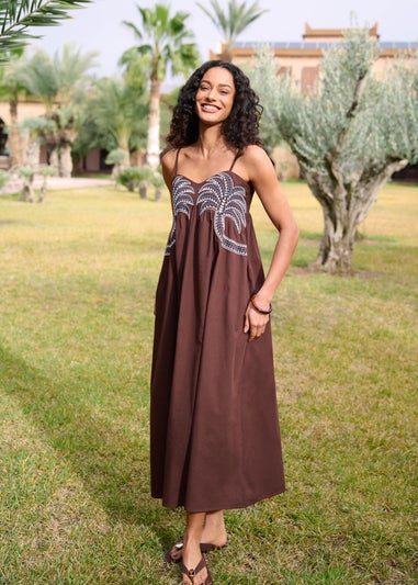 Blue Vanilla Brown Palm Tree Embroidery Smock Dress