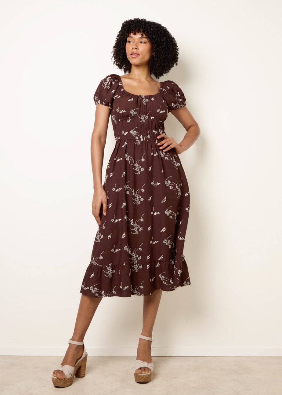 Blue Vanilla Brown Embroidery Milkmaid Midi Dress