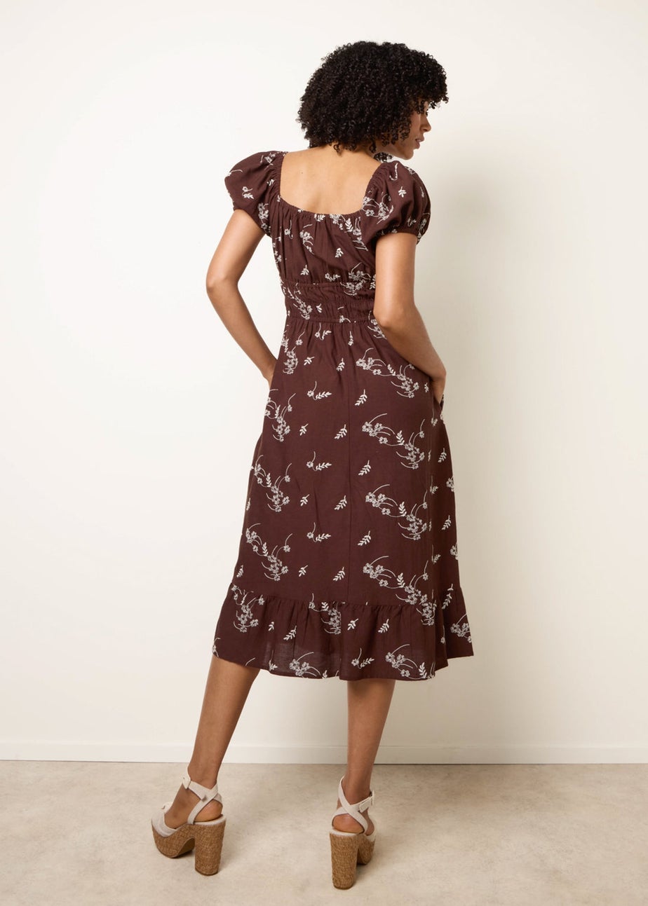 Blue Vanilla Brown Embroidery Milkmaid Midi Dress