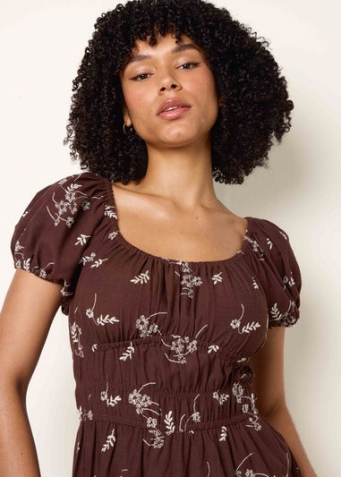 Blue Vanilla Brown Embroidery Milkmaid Midi Dress