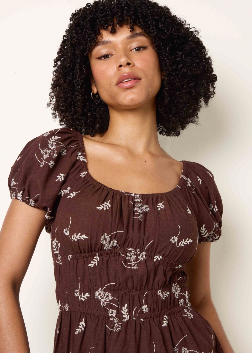 Blue Vanilla Brown Embroidery Milkmaid Midi Dress