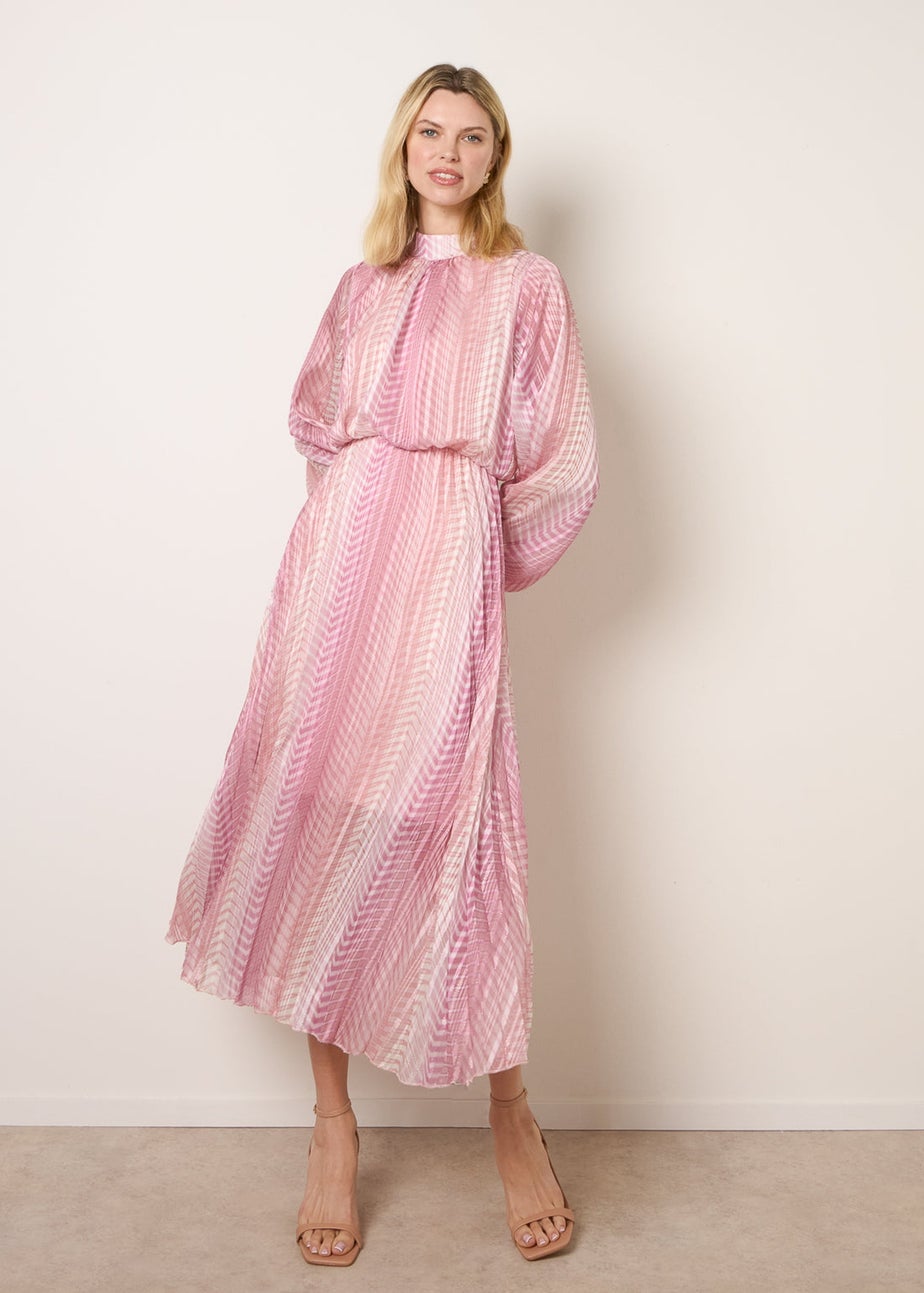 Blue Vanilla Pink Zig Zag Metallic High Neck Puffball Pleated Dress