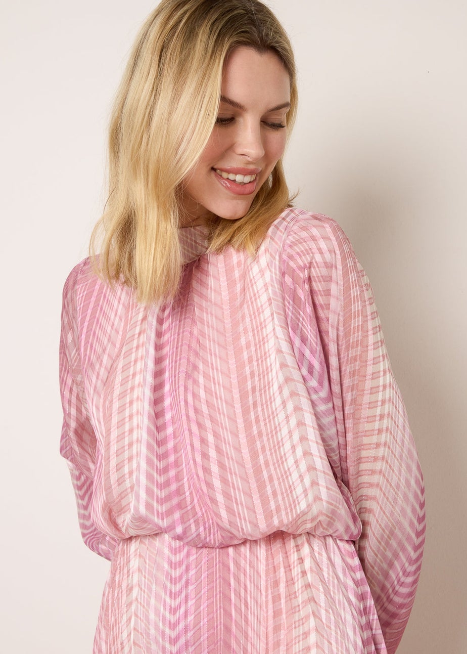 Blue Vanilla Pink Zig Zag Metallic High Neck Puffball Pleated Dress