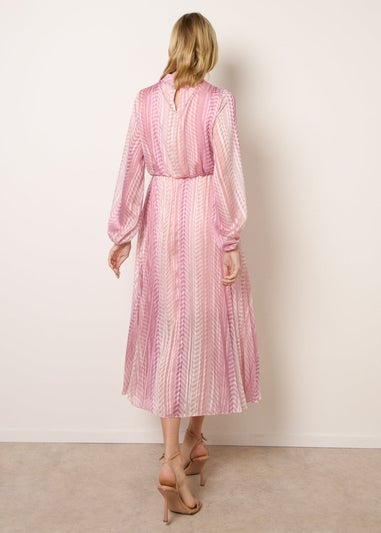 Blue Vanilla Pink Zig Zag Metallic High Neck Puffball Pleated Dress