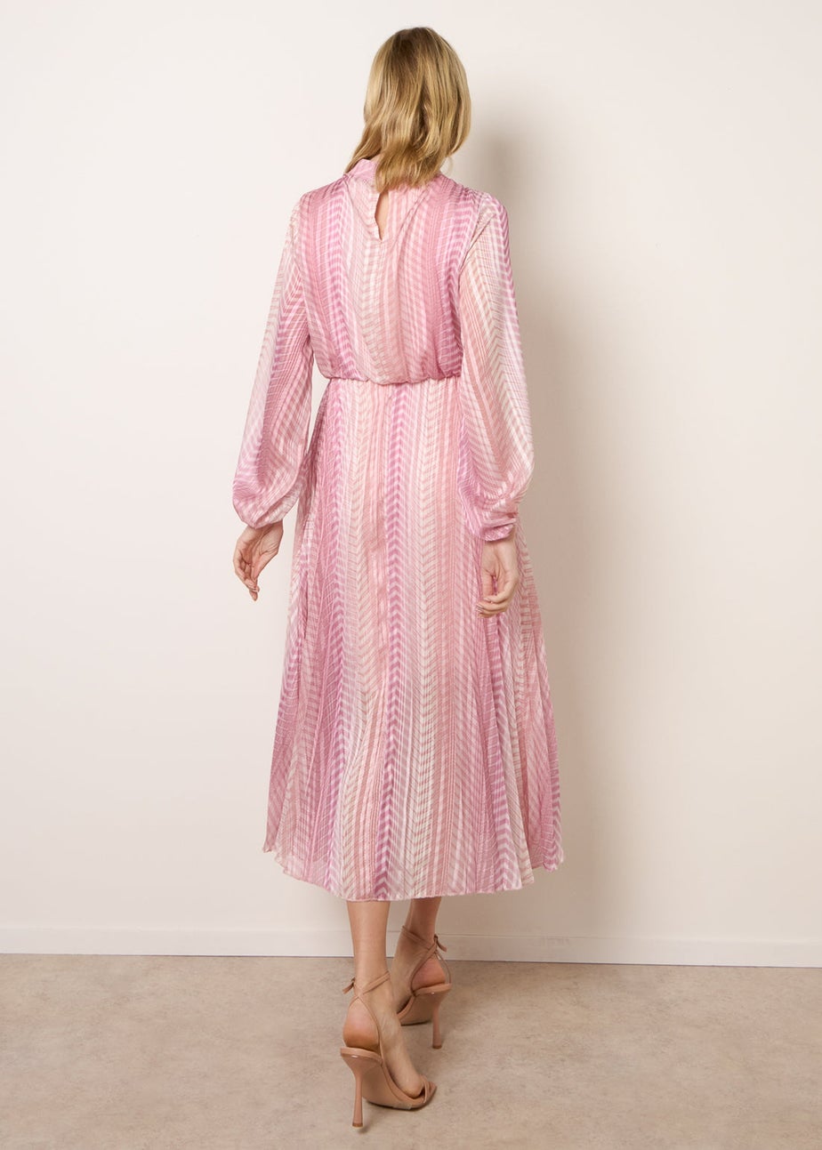 Blue Vanilla Pink Zig Zag Metallic High Neck Puffball Pleated Dress