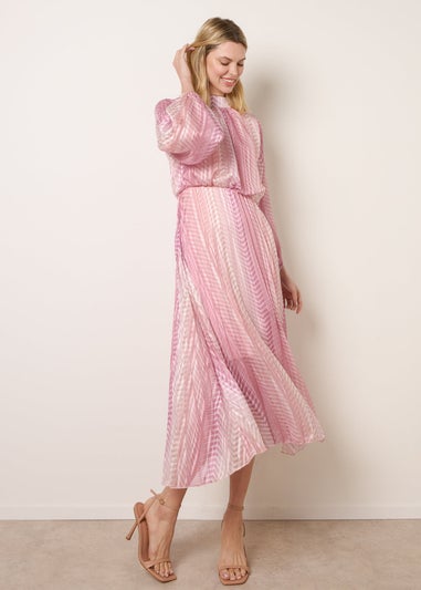 Blue Vanilla Pink Zig Zag Metallic High Neck Puffball Pleated Dress