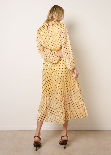 Blue Vanilla Yellow Polka Dot Cowl Neck Pleated Long Sleeve Dress