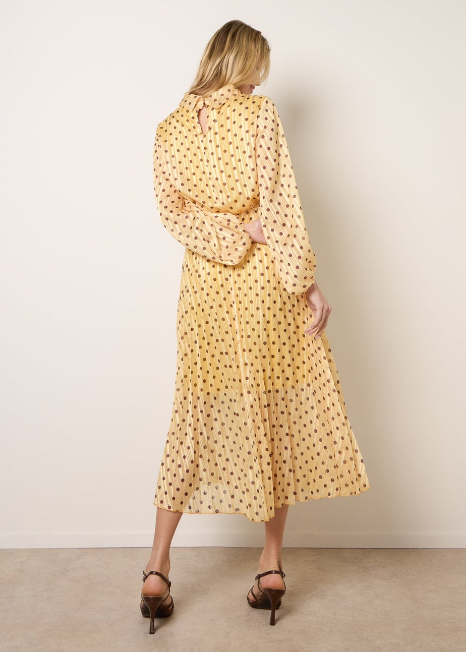 Blue Vanilla Yellow Polka Dot Cowl Neck Pleated Long Sleeve Dress