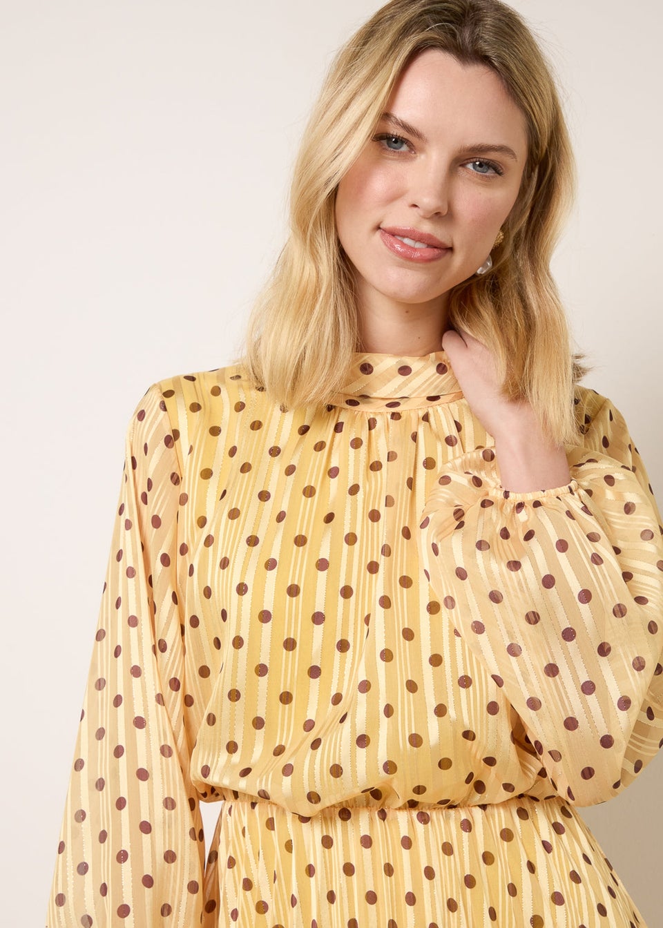 Blue Vanilla Yellow Polka Dot Cowl Neck Pleated Long Sleeve Dress