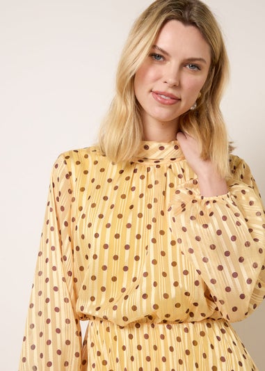 Blue Vanilla Yellow Polka Dot Cowl Neck Pleated Long Sleeve Dress
