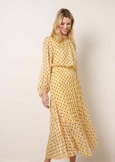 Blue Vanilla Yellow Polka Dot Cowl Neck Pleated Long Sleeve Dress