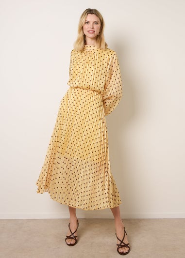 Blue Vanilla Yellow Polka Dot Cowl Neck Pleated Long Sleeve Dress