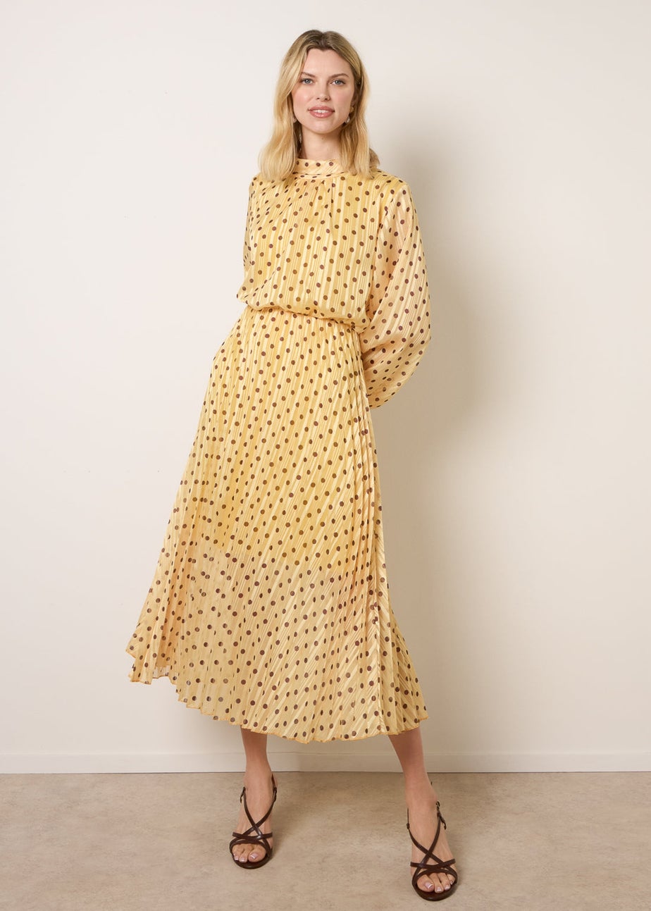 Blue Vanilla Yellow Polka Dot Cowl Neck Pleated Long Sleeve Dress