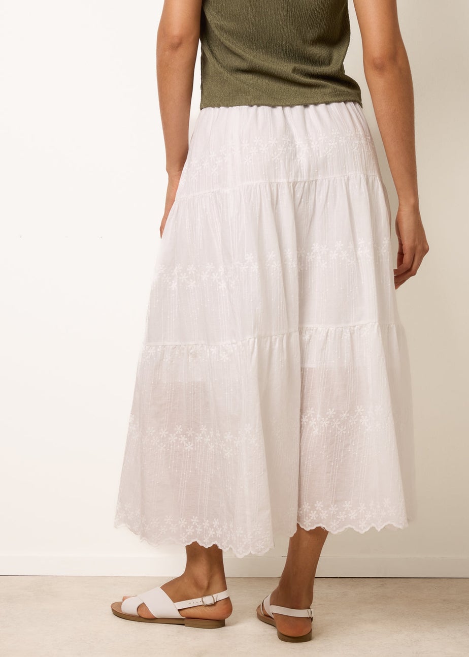 Blue Vanilla White Embroidered Tiered Maxi Skirt