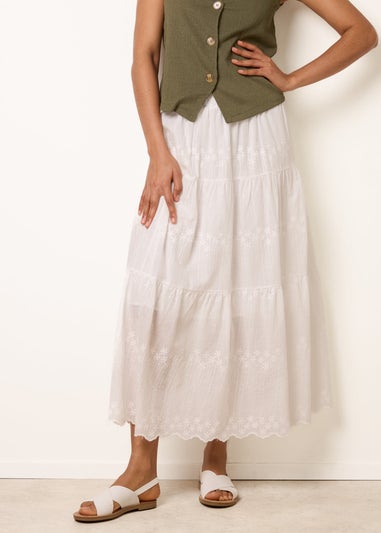 Blue Vanilla White Embroidered Tiered Maxi Skirt