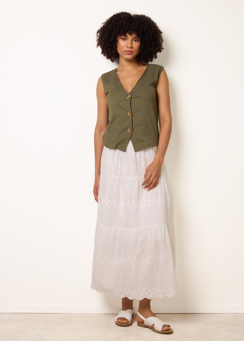 Blue Vanilla White Embroidered Tiered Maxi Skirt