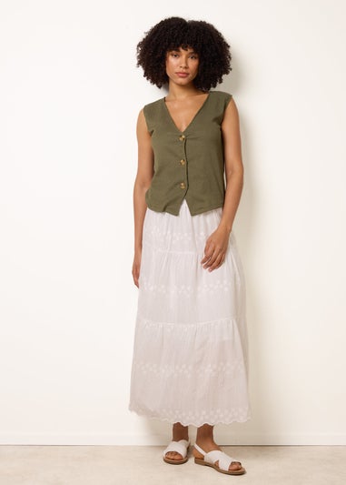 Blue Vanilla White Embroidered Tiered Maxi Skirt