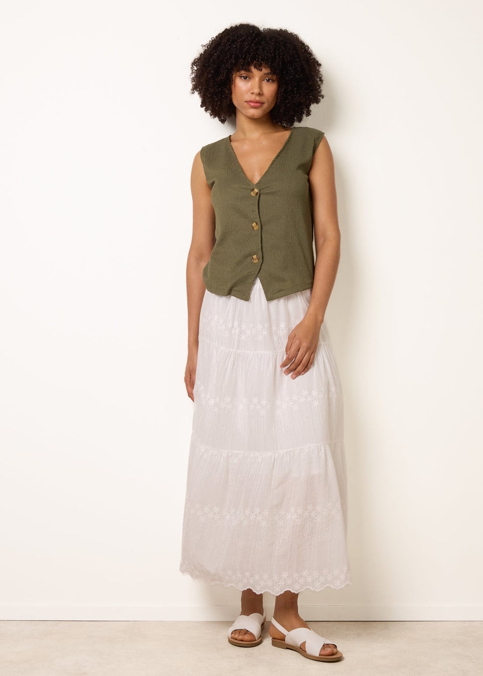 Blue Vanilla White Embroidered Tiered Maxi Skirt