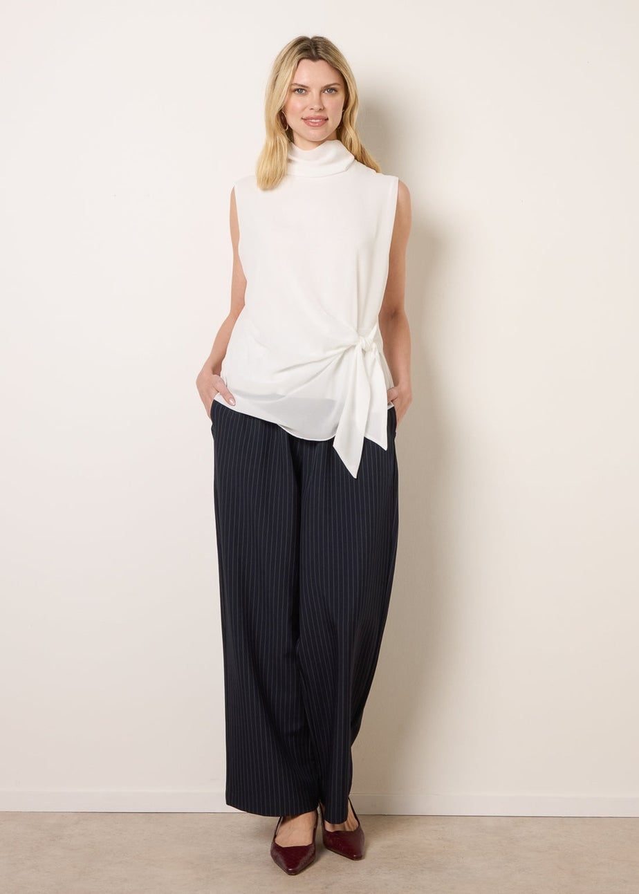 Blue Vanilla Ivory Sleeveless Cowl Tie Front Chiffon Blouse