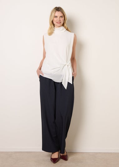 Blue Vanilla Ivory Sleeveless Cowl Tie Front Chiffon Blouse