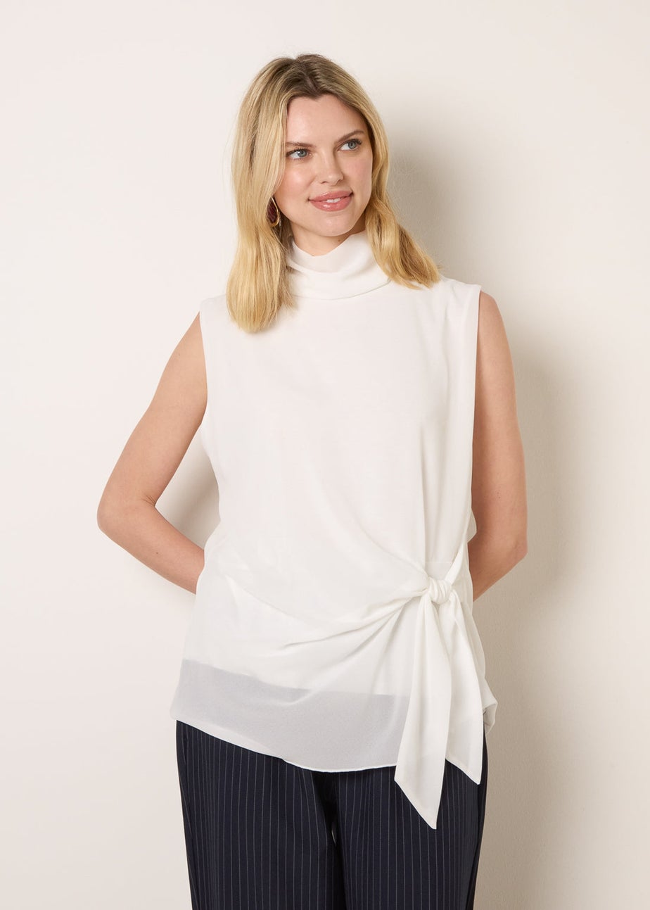 Blue Vanilla Ivory Sleeveless Cowl Tie Front Chiffon Blouse