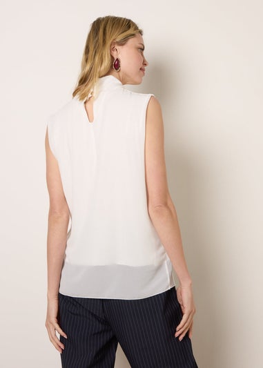 Blue Vanilla Ivory Sleeveless Cowl Tie Front Chiffon Blouse