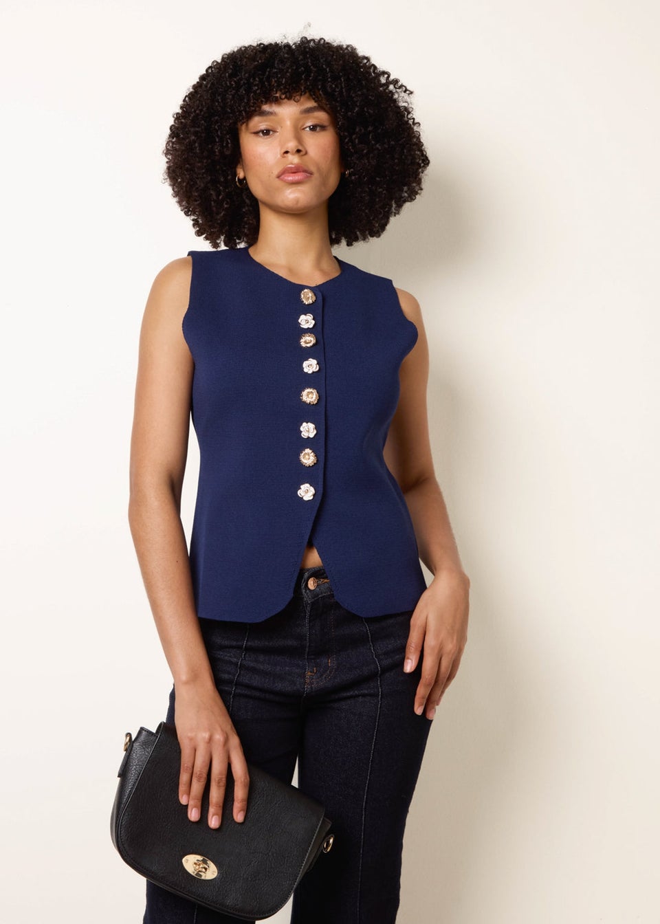 Blue Vanilla Navy Sleeveless Ribbed Button-Front Vest