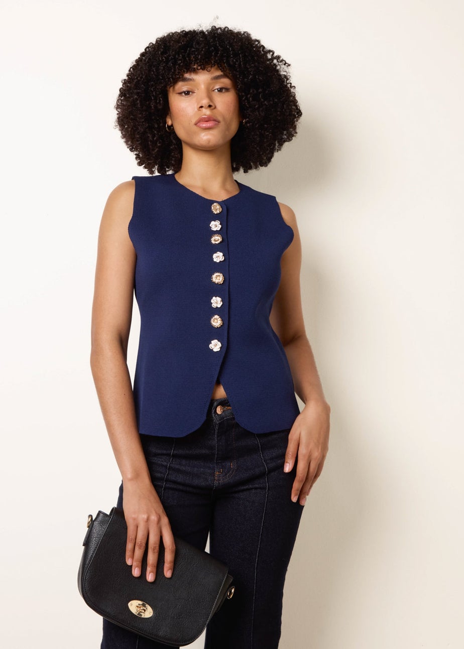 Blue Vanilla Navy Sleeveless Ribbed Button-Front Vest