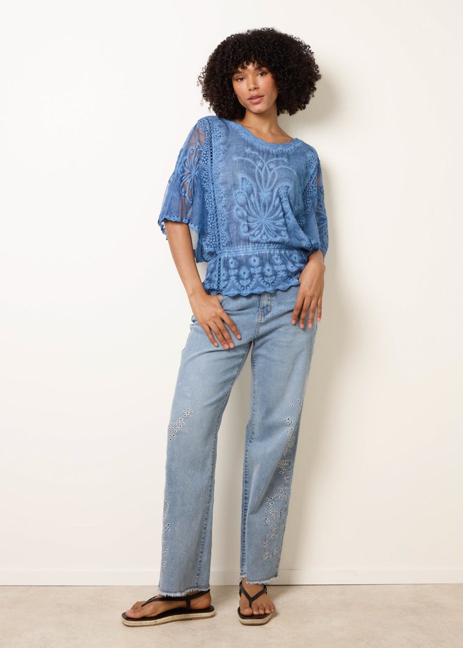 Blue Vanilla Blue Floral Lace Butterfly Sleeve Blouse