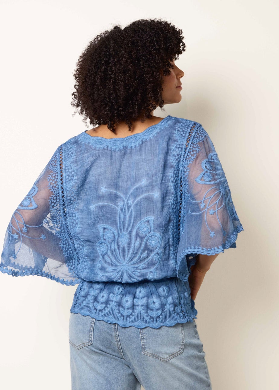 Blue Vanilla Blue Floral Lace Butterfly Sleeve Blouse