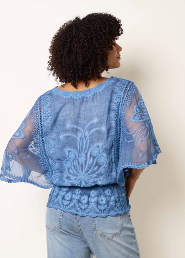Blue Vanilla Blue Floral Lace Butterfly Sleeve Blouse