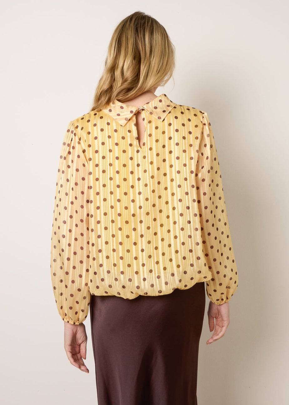 Blue Vanilla Yellow Polka Dot Cowl Neck Puffball Blouse