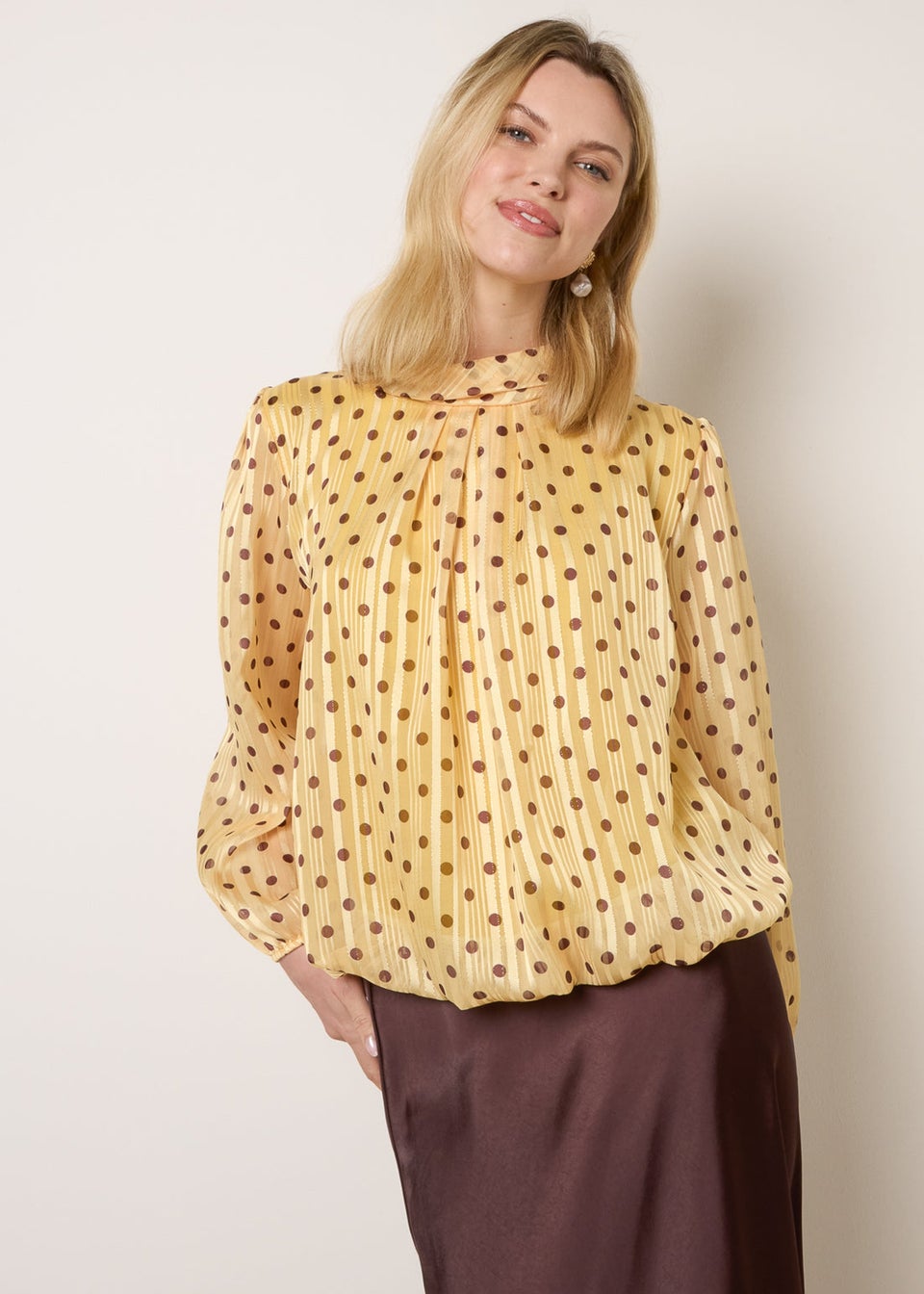 Blue Vanilla Yellow Polka Dot Cowl Neck Puffball Blouse