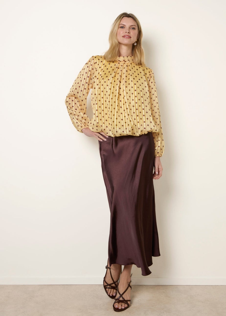 Blue Vanilla Yellow Polka Dot Cowl Neck Puffball Blouse