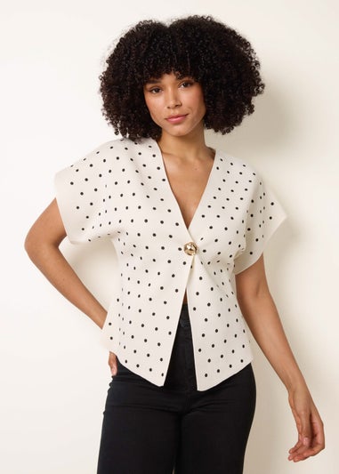 Blue Vanilla Ivory Polka Dot Short-Sleeve Knit Cardigan Top