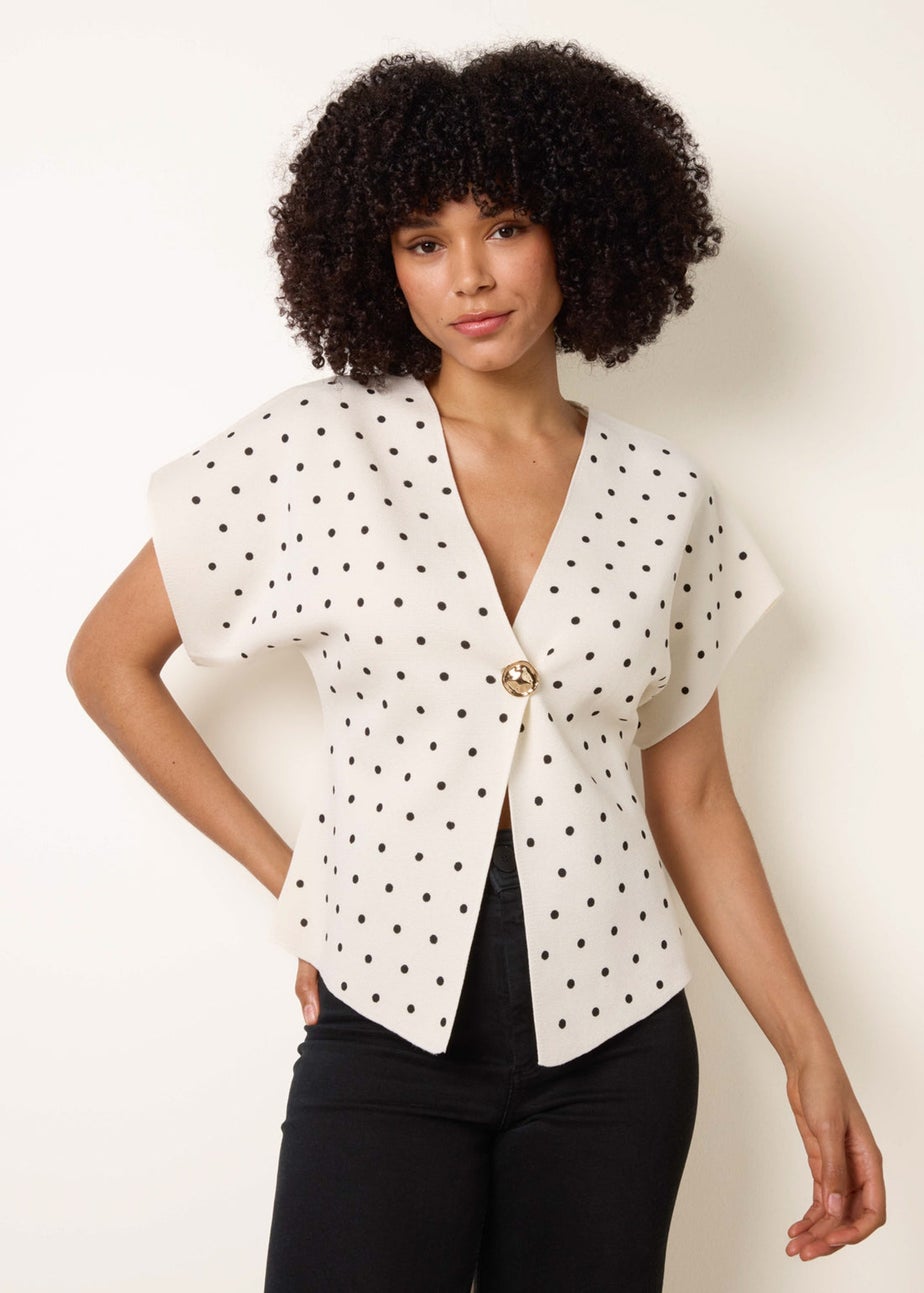 Blue Vanilla Ivory Polka Dot Short-Sleeve Knit Cardigan Top