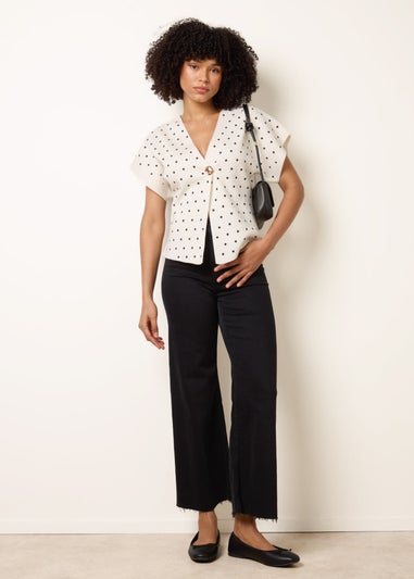 Blue Vanilla Ivory Polka Dot Short-Sleeve Knit Cardigan Top