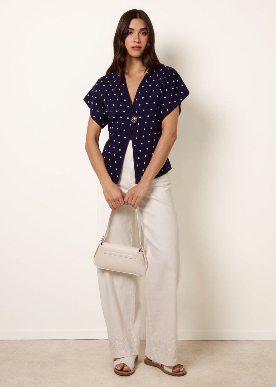 Blue Vanilla Navy Polka Dot Short-Sleeve Knit Cardigan Top