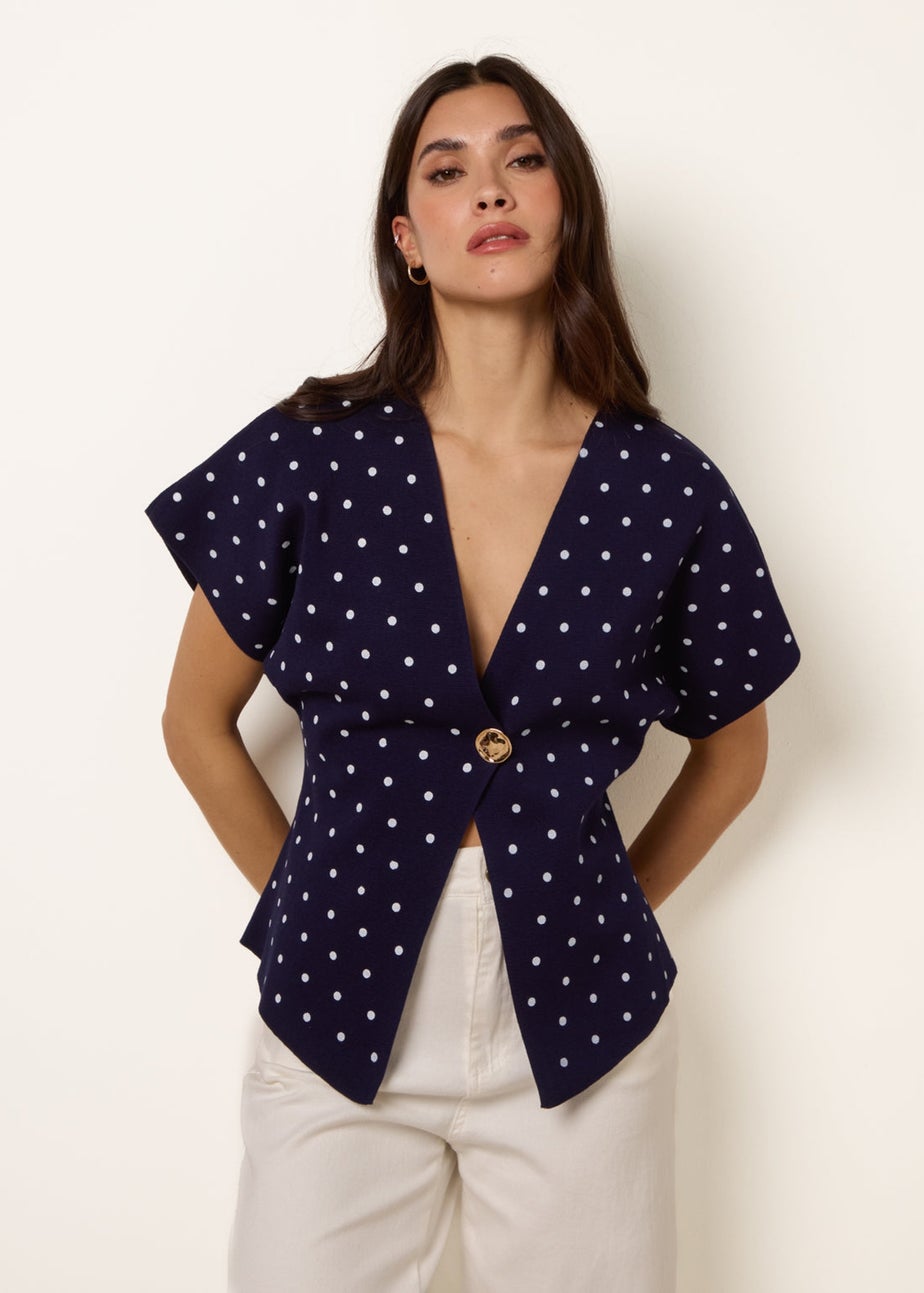 Blue Vanilla Navy Polka Dot Short-Sleeve Knit Cardigan Top